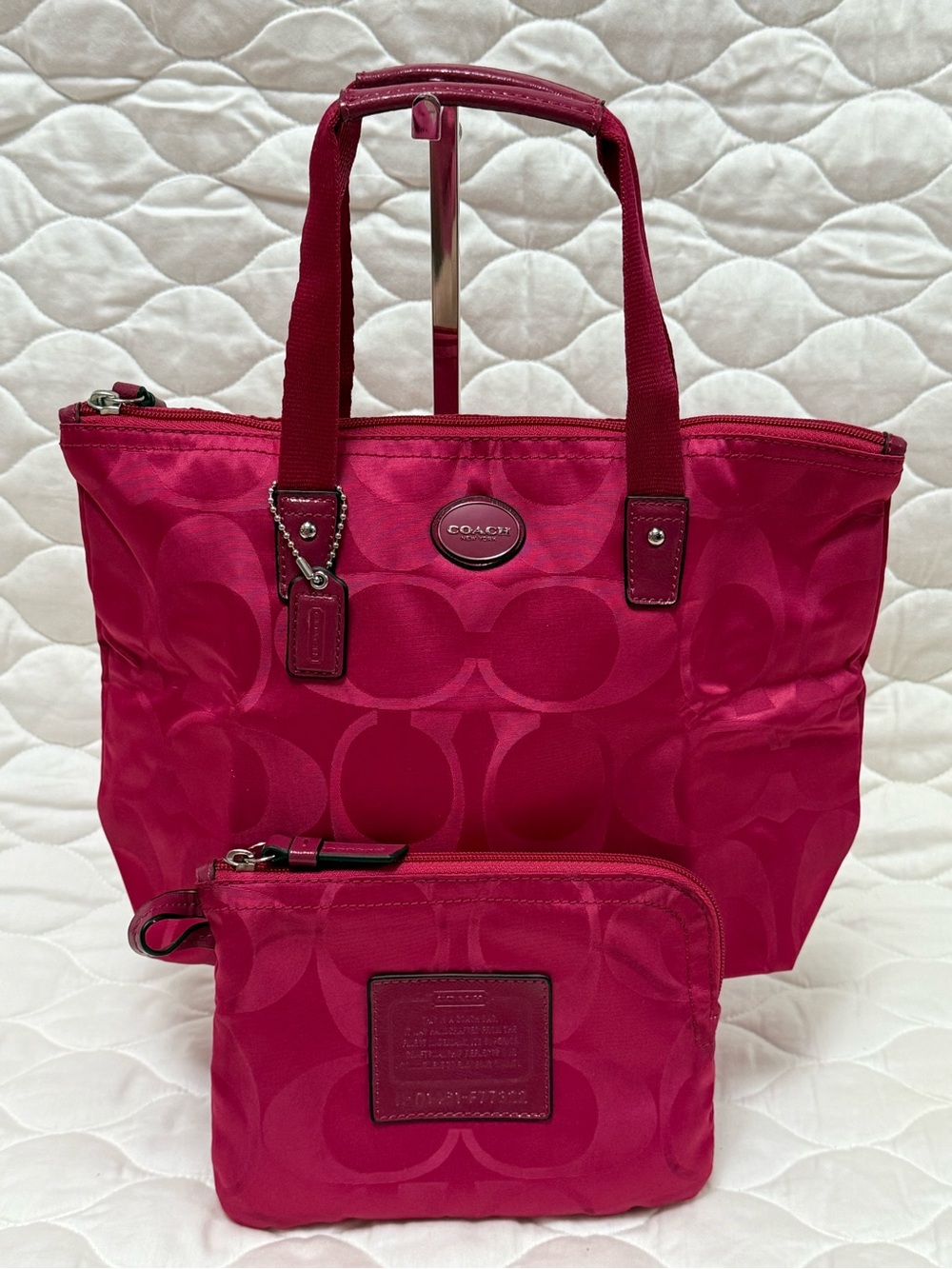 Coach Pink Mini Weekender Nylon Signature Tote with Matching Pouch